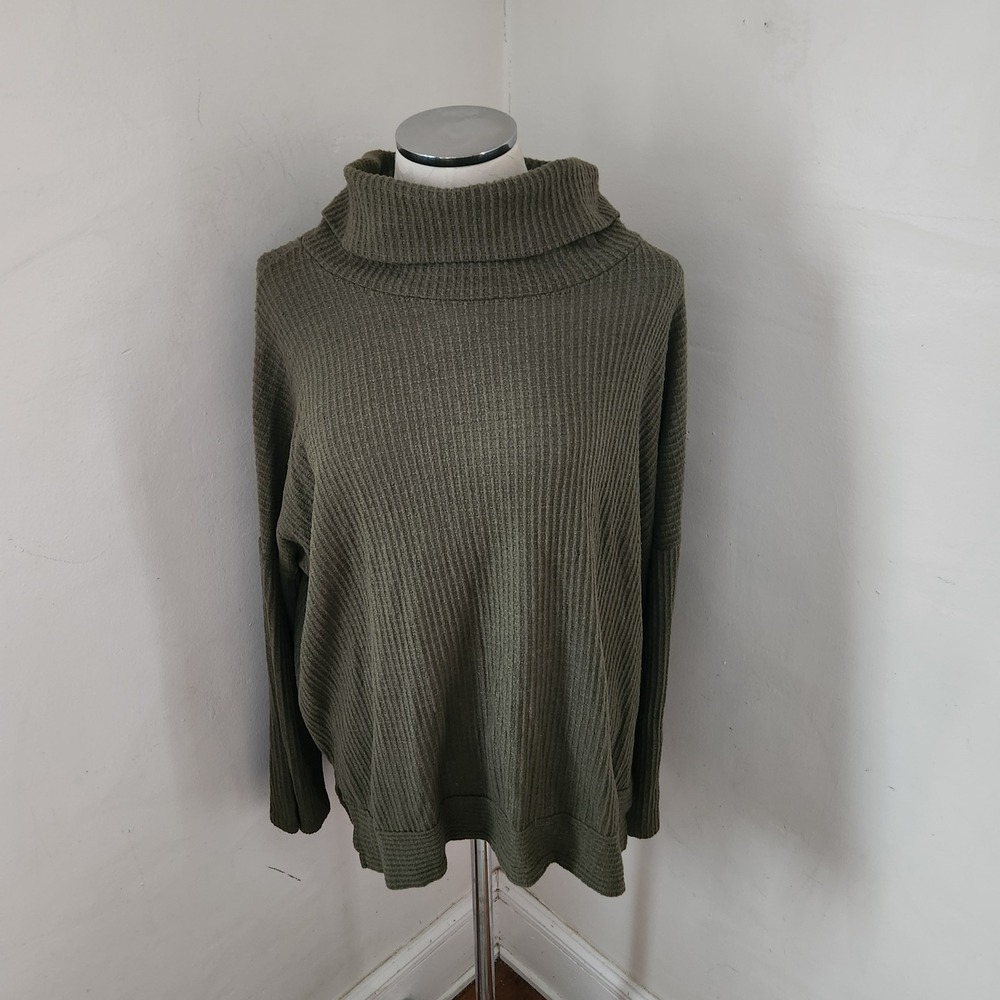 White Birch Olive Green‎ Waffle Knit Turtleneck Oversized Sweater XL